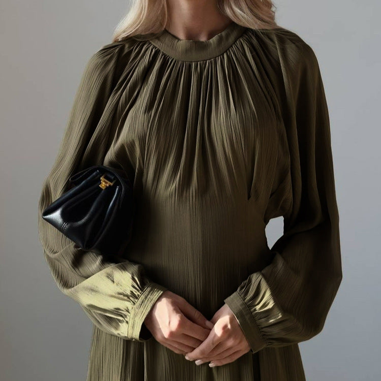 Loose Pleated Long Sleeve Round Neck Waist Trimming Lace-up Dress