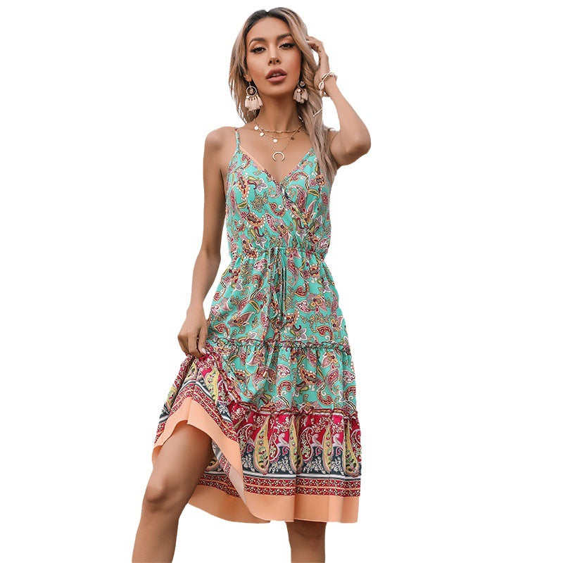 Retro Spaghetti Straps Wooden Ear Floral Short Dress