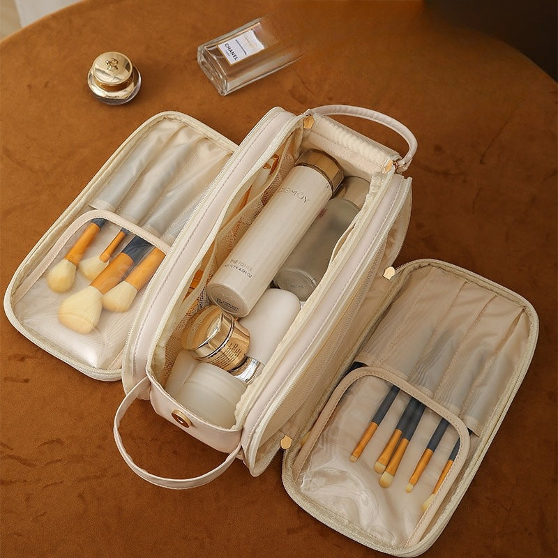 Three-Layer Double-Zipper U-Shaped Cosmetic Bag - High-Capacity PU Leather Makeup Organizer