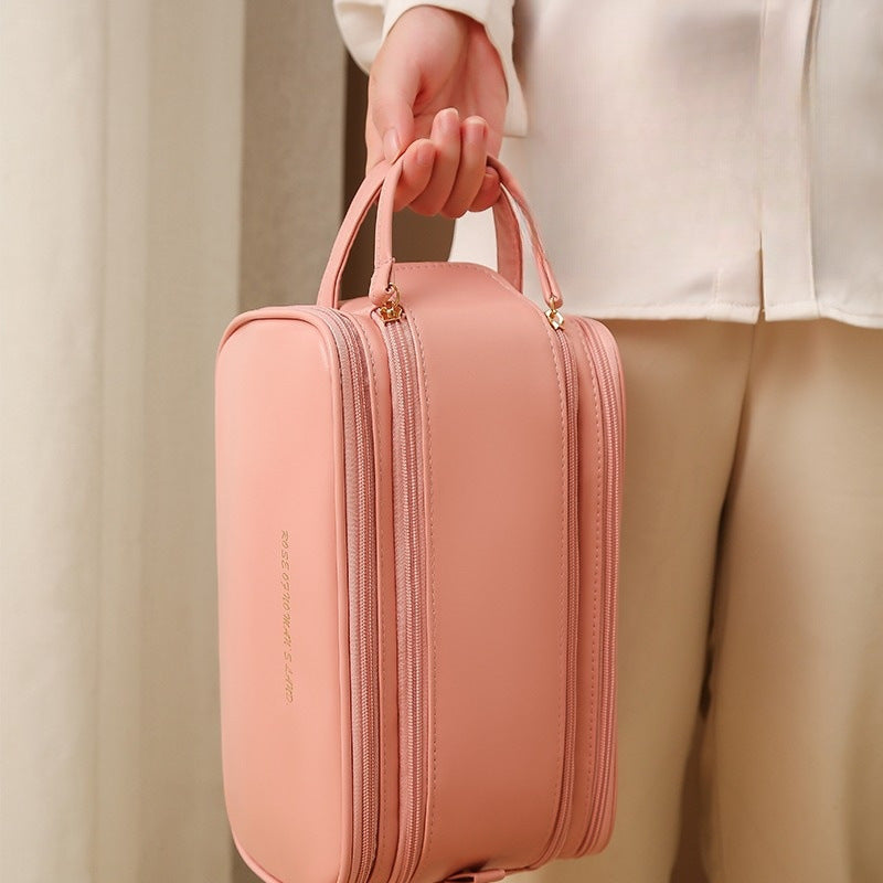 Three-Layer Double-Zipper U-Shaped Cosmetic Bag - High-Capacity PU Leather Makeup Organizer