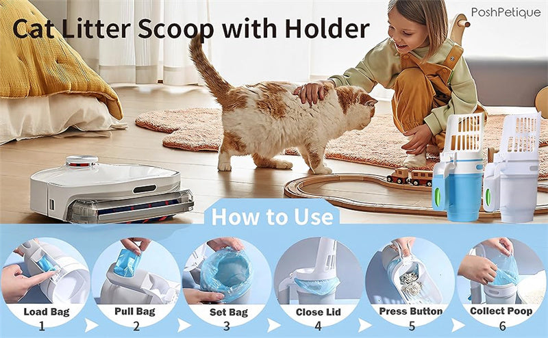 Upgraded Wide Cat Litter Scoop with Refill Bags – Self-Cleaning Waste Bin System for Easy Cleanup