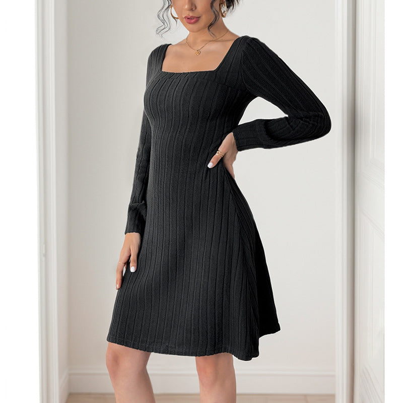 Brushed Sunken Stripe Split V-neck Long-sleeve Dress