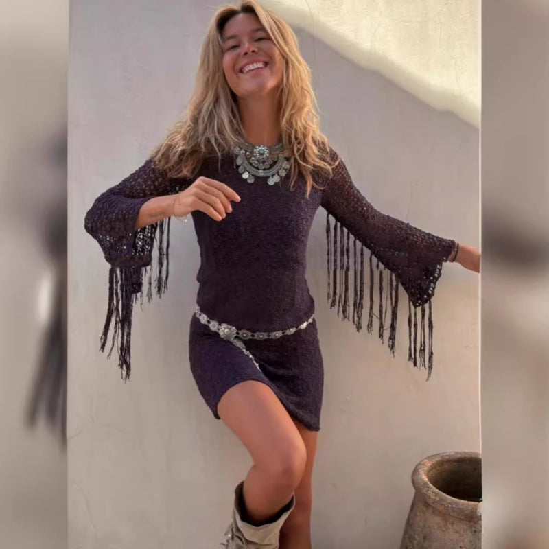 Autumn Tassel Sexy Cutout Pullover Long Sleeve Dress