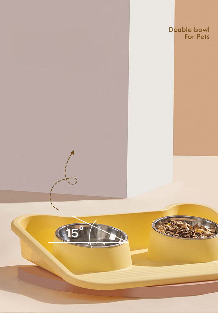 Tilted Double Stainless Steel Pet Bowl – Leak-Proof, Neck-Protecting Feeder for Cats & Dogs