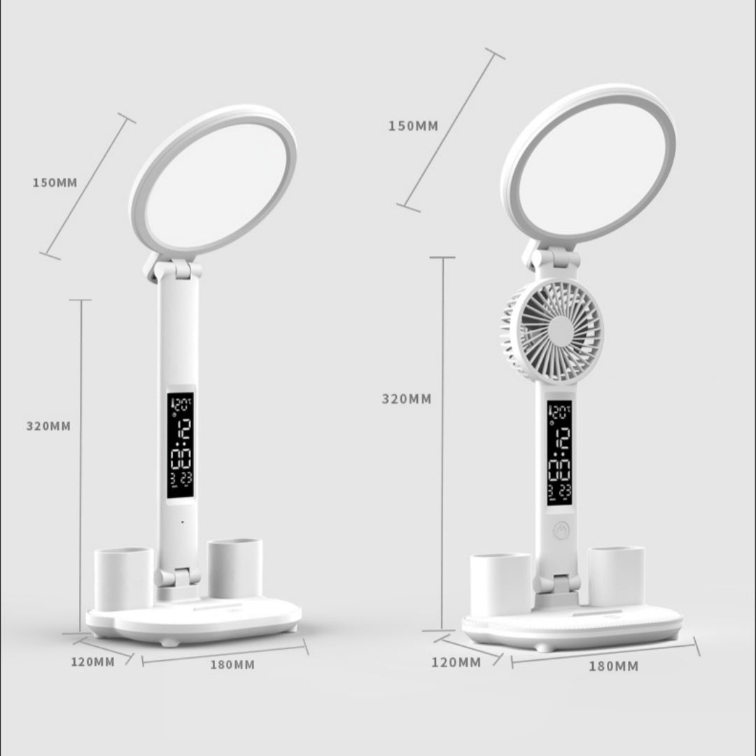 LED Clock Table Lamp - USB Chargeable, Dimmable Desk Lamp with Foldable Fan Light & Eye Protection for Reading, Night Light, and Home Office