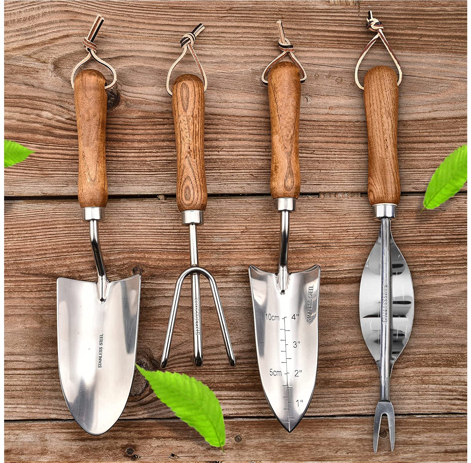 4-Piece Garden Tool Set – Stainless Steel Tools with Ergonomic Wooden Handles