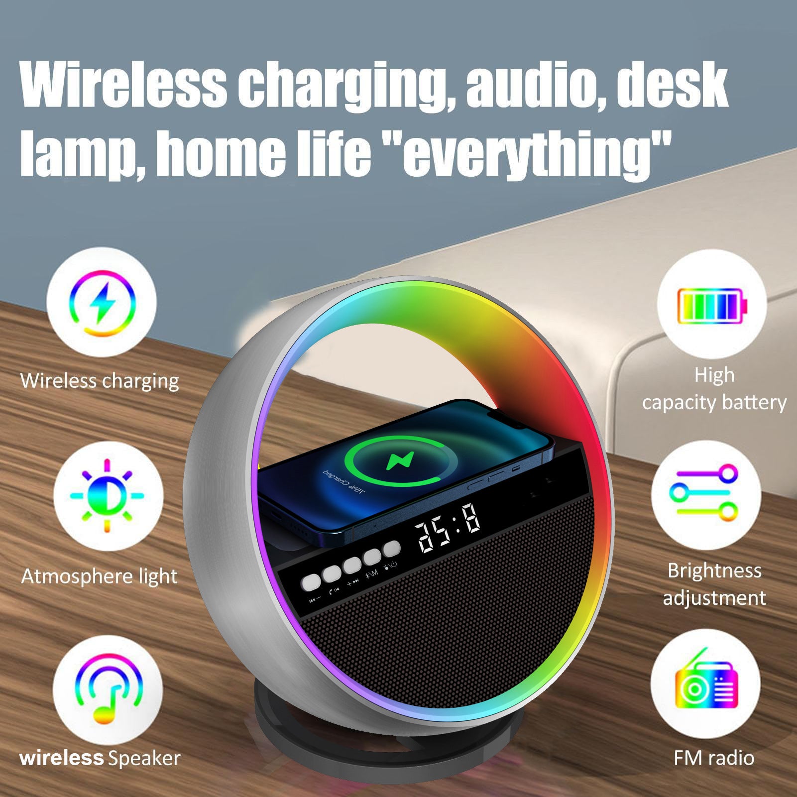 Multifunctional RGB Night Light with Wireless Charger and Bluetooth Speaker