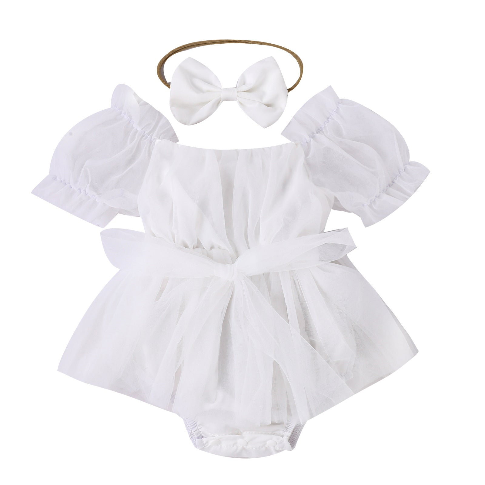 Baby Girl Solid Color Puff Sleeve Net Skirt Head Scarf Vest