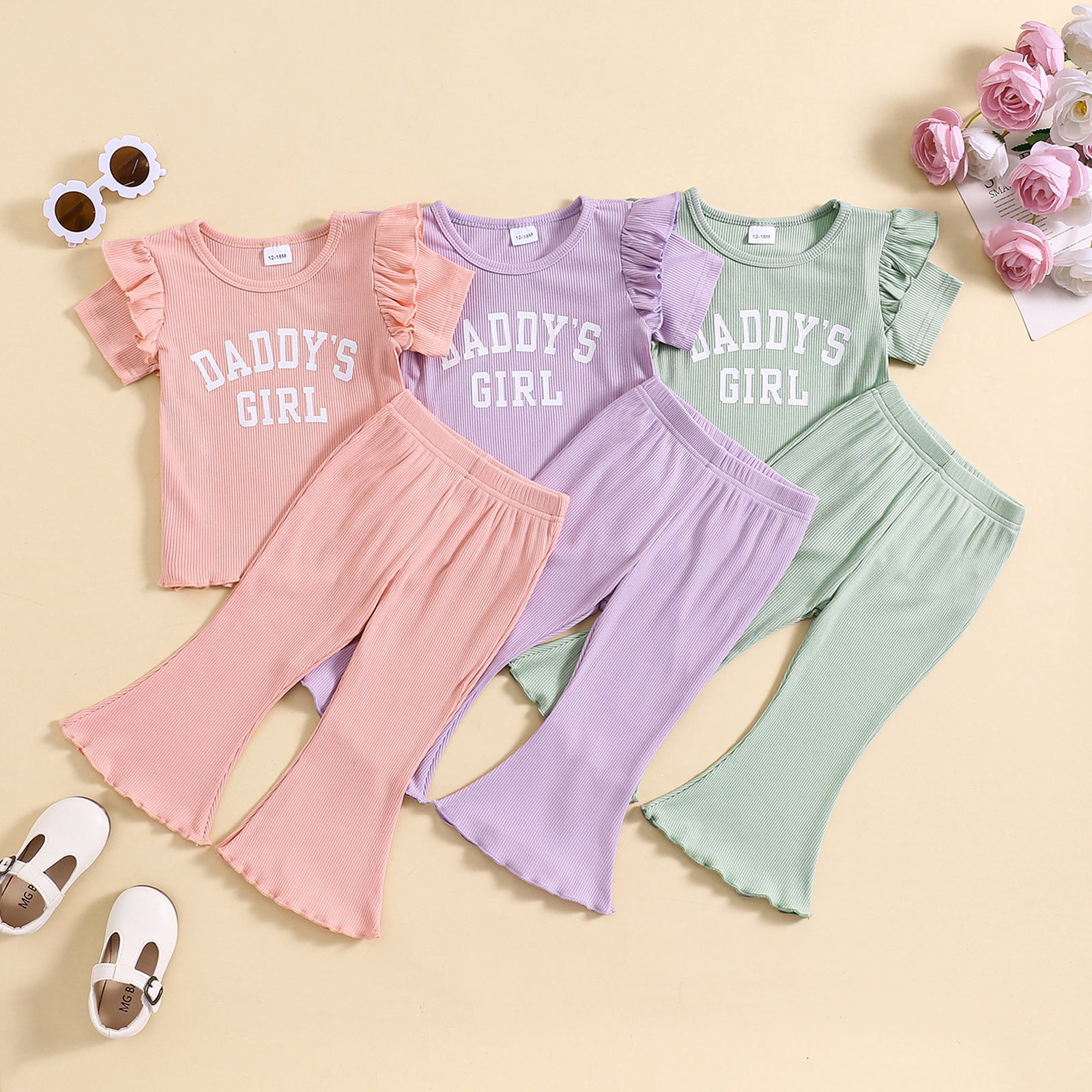Girls' Curling Puff Sleeve Short Sleeve Printing Long Pajama Set Multicolor
