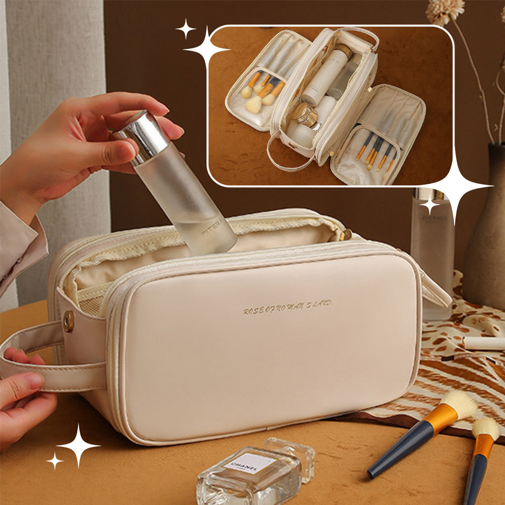 Three-Layer Double-Zipper U-Shaped Cosmetic Bag - High-Capacity PU Leather Makeup Organizer