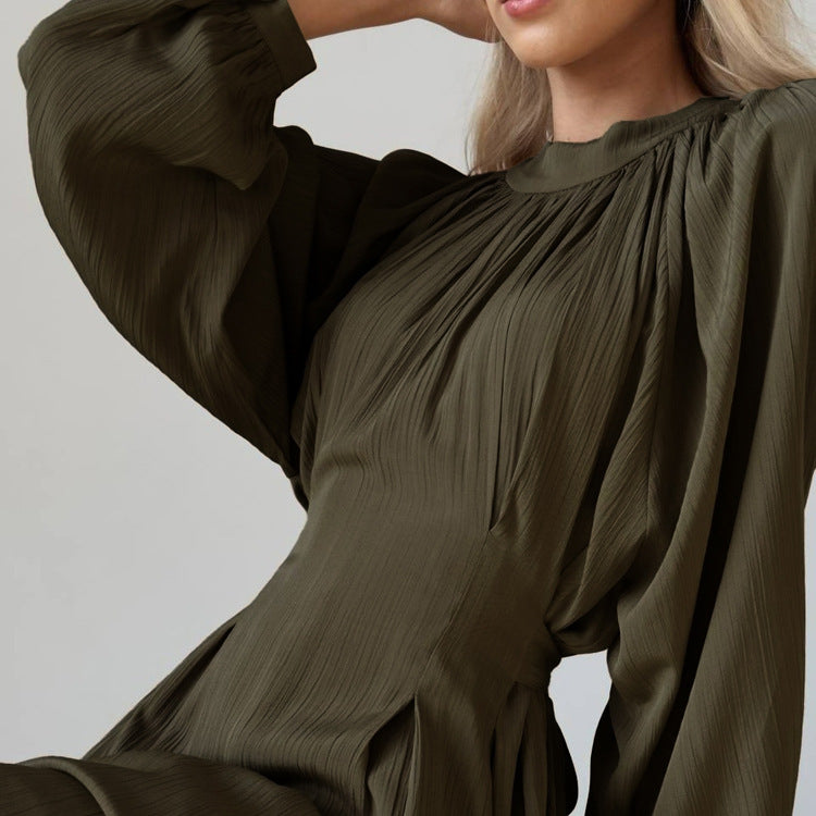 Loose Pleated Long Sleeve Round Neck Waist Trimming Lace-up Dress