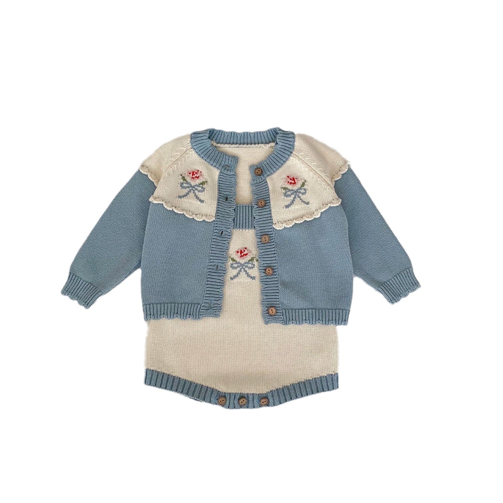 Hand Crocheting Lace Jacquard Knitted Coat And Spaghetti Straps Knitted Romper