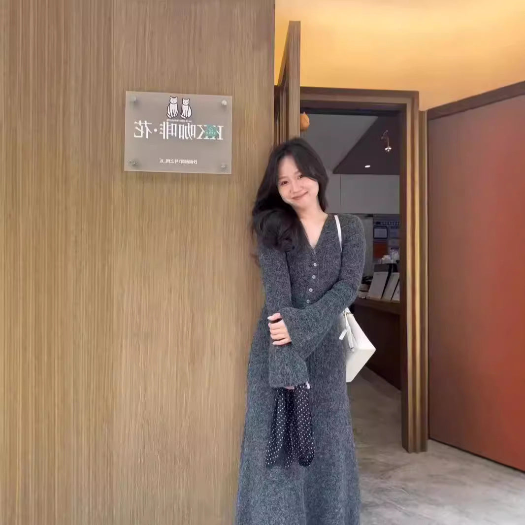 Korean Style Casual V-neck Knitted Dress Women