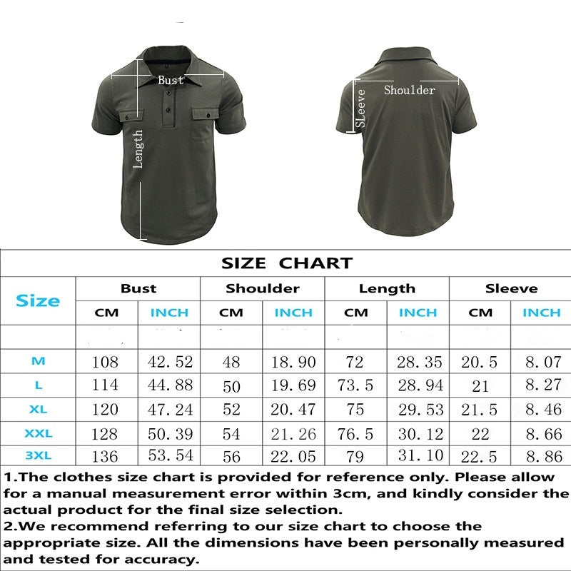 Men’s Summer Lapel Polo Shirt – Casual Short Sleeve Button-Up with Pockets