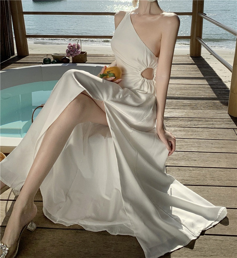 White Oblique Shoulder Strap Split Elegant Slim Fit Slimming Dress