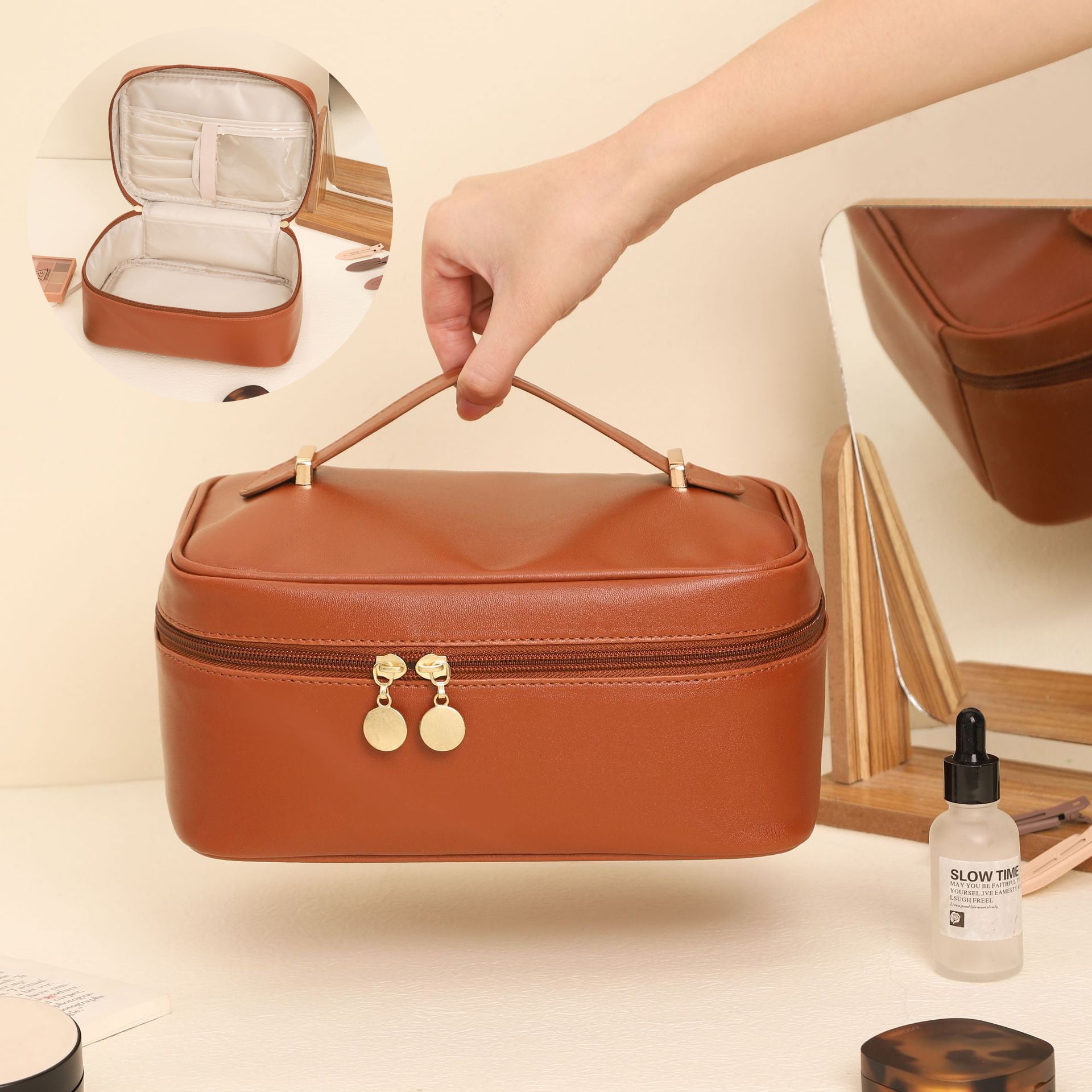 Handle Top Cosmetic Bag - High-Capacity Square Travel Makeup & Toiletry Organizer