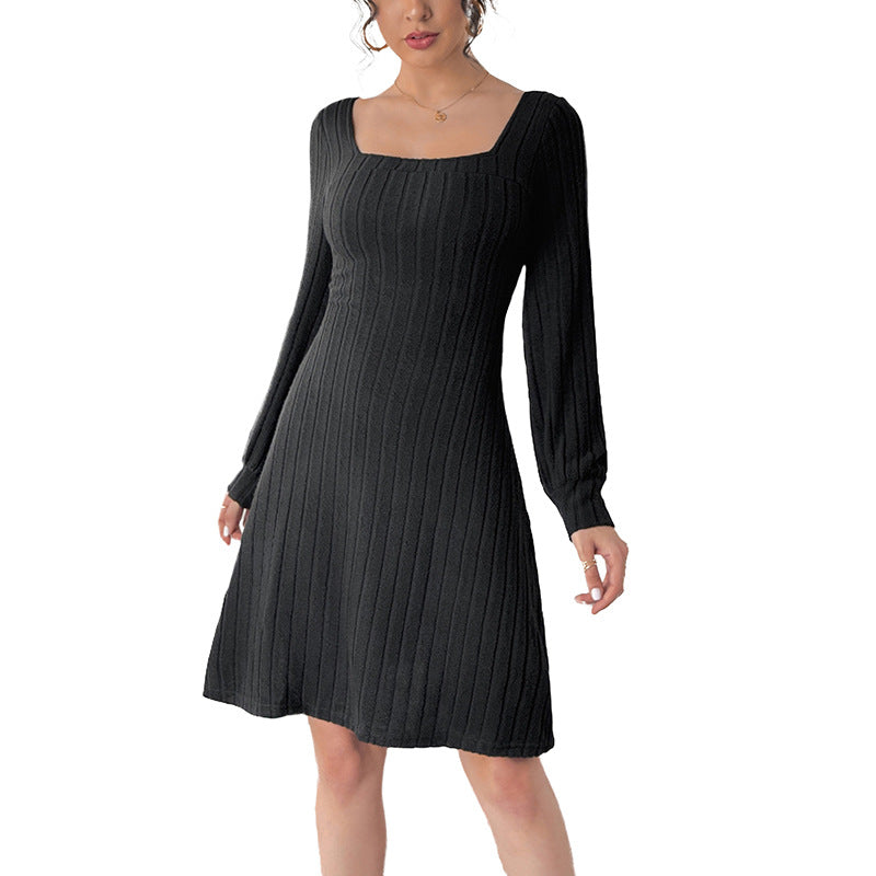 Brushed Sunken Stripe Split V-neck Long-sleeve Dress