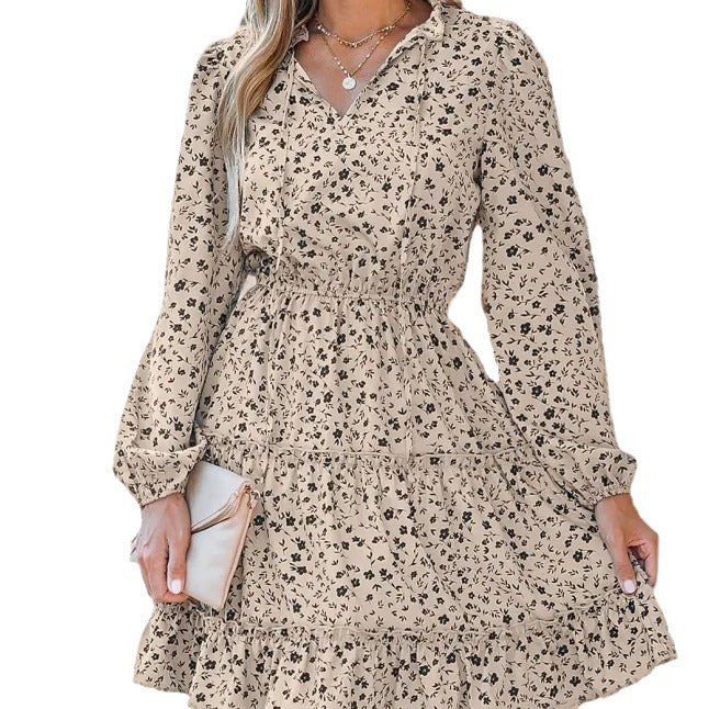 Shi Printed Long Sleeve Dress Waist Slimming Elegant Dress