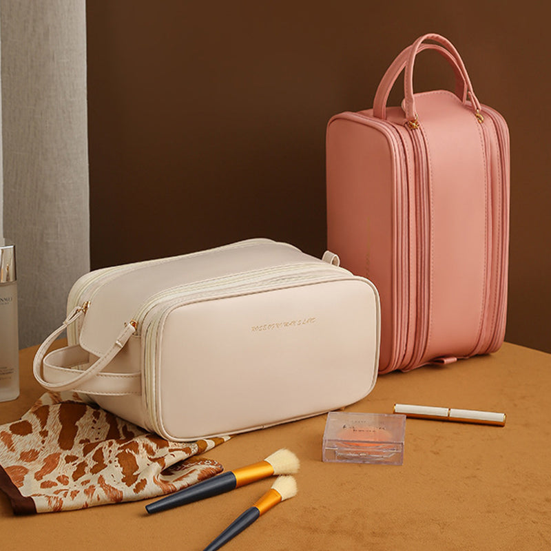 Three-Layer Double-Zipper U-Shaped Cosmetic Bag - High-Capacity PU Leather Makeup Organizer
