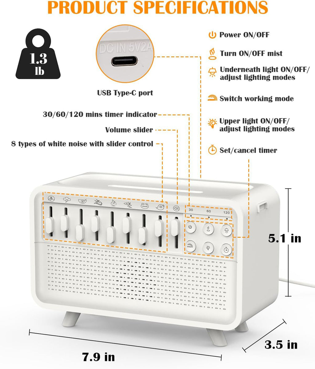 3-in-1 Bluetooth Speaker, White Noise Machine, Night Light & Humidifier – Nature Sounds & Sleep Aid
