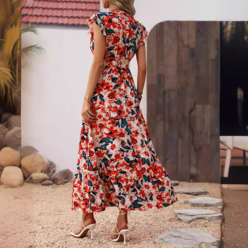European And American V Neck Short Sleeve Dress