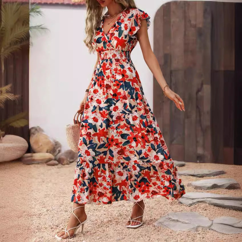 European And American V Neck Short Sleeve Dress