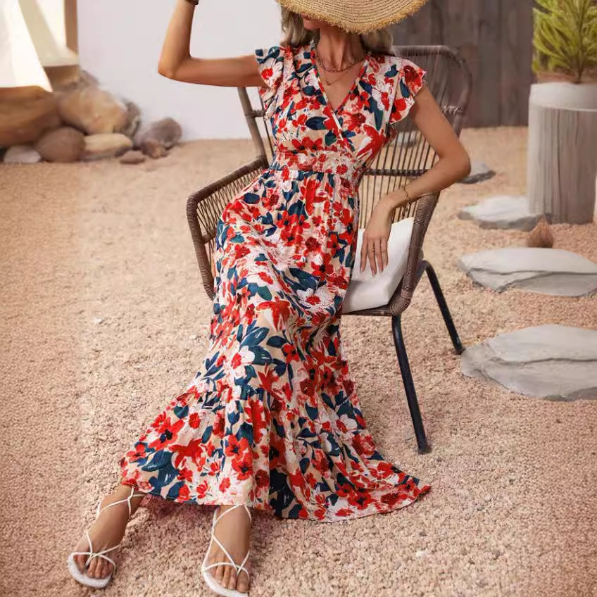 European And American V Neck Short Sleeve Dress