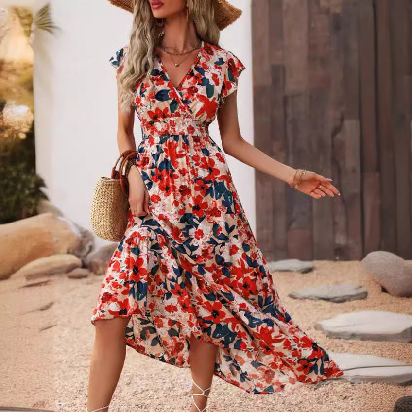 European And American V Neck Short Sleeve Dress