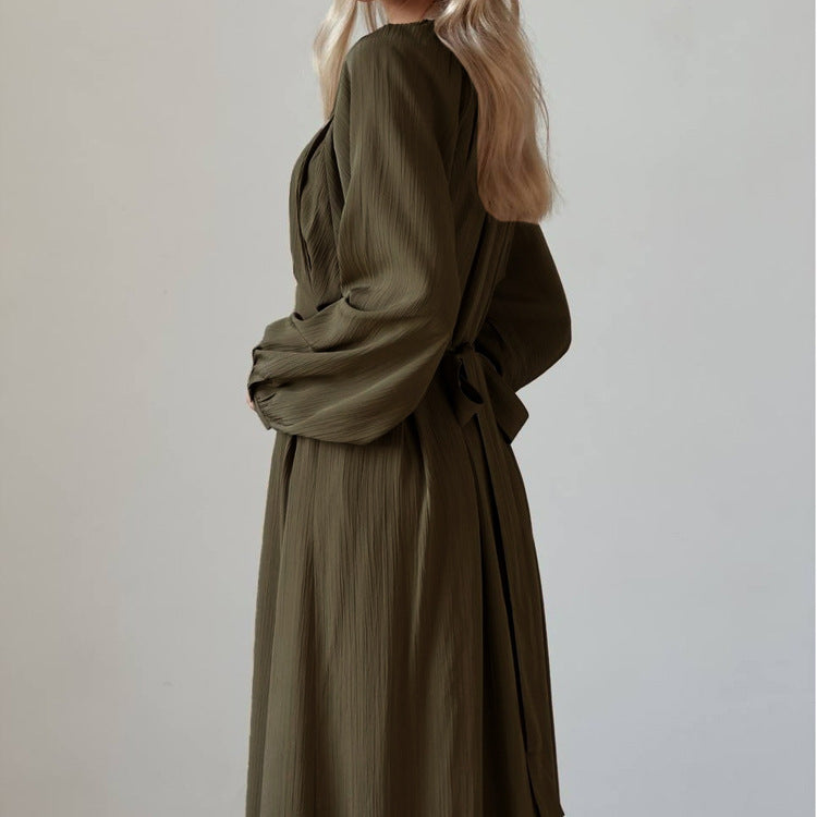 Loose Pleated Long Sleeve Round Neck Waist Trimming Lace-up Dress