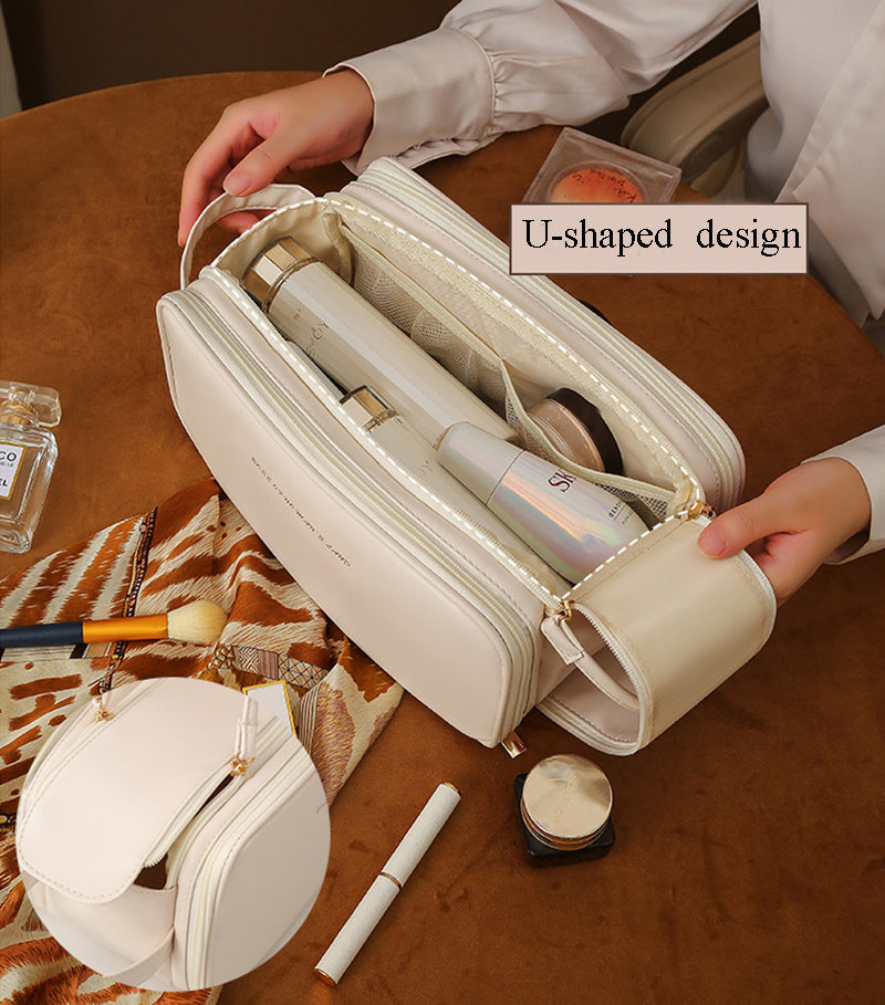 Three-Layer Double-Zipper U-Shaped Cosmetic Bag - High-Capacity PU Leather Makeup Organizer