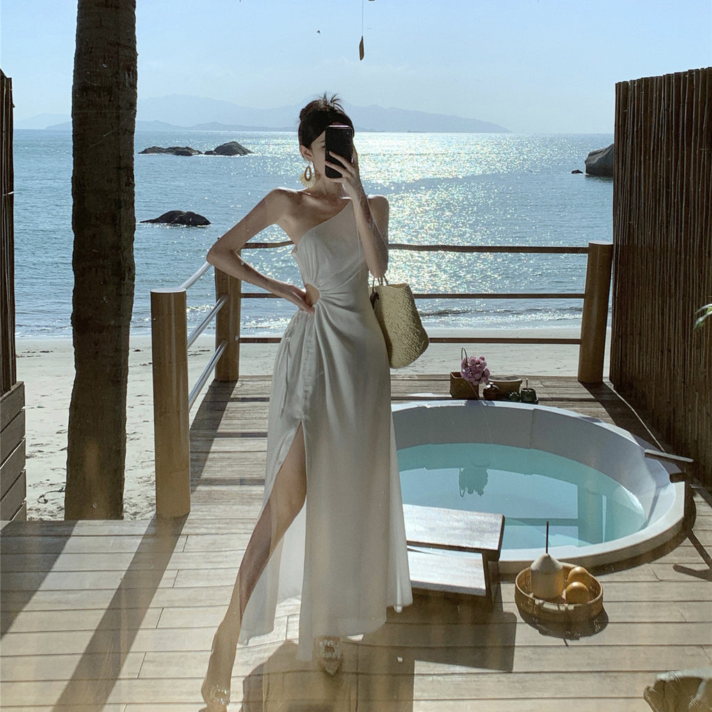 White Oblique Shoulder Strap Split Elegant Slim Fit Slimming Dress