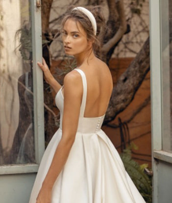 Strap Satin Light Wedding Dress - Simple French Backless White Trailing Gown
