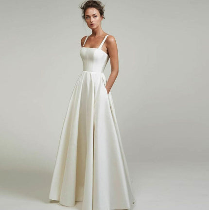 Strap Satin Light Wedding Dress - Simple French Backless White Trailing Gown