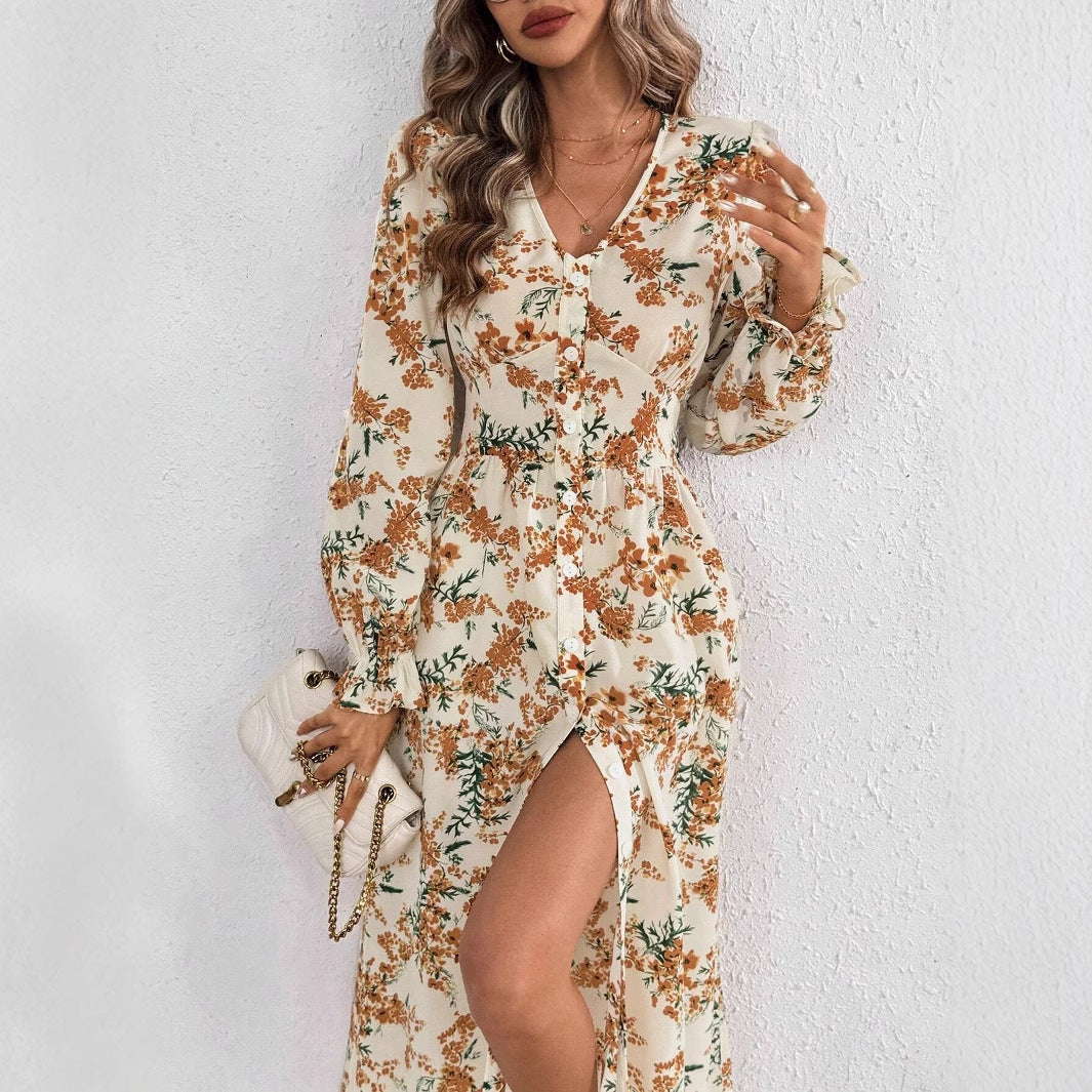 Flower Floral Print Slit Dress Female
