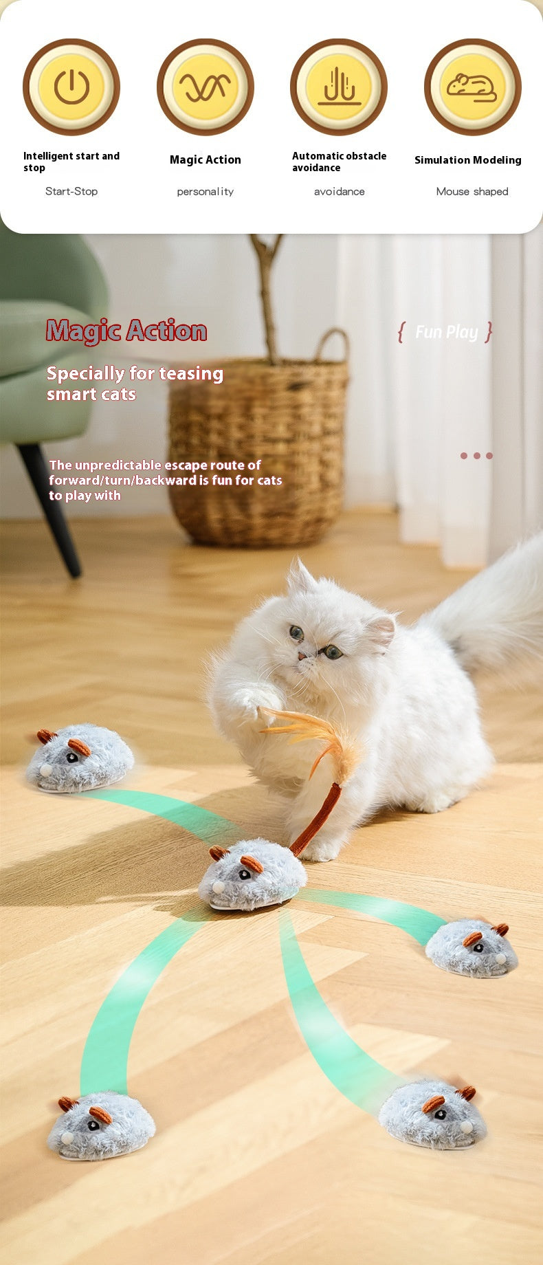 Electric Mouse Cat Toy with Wand – Self-Play Interactive Toy for Stress Relief & Exercise