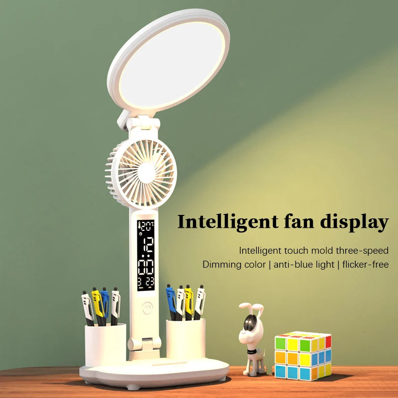LED Clock Table Lamp - USB Chargeable, Dimmable Desk Lamp with Foldable Fan Light & Eye Protection for Reading, Night Light, and Home Office