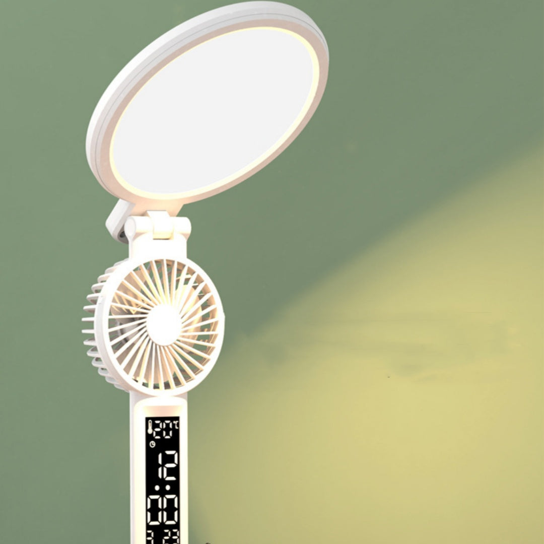 LED Clock Table Lamp - USB Chargeable, Dimmable Desk Lamp with Foldable Fan Light & Eye Protection for Reading, Night Light, and Home Office