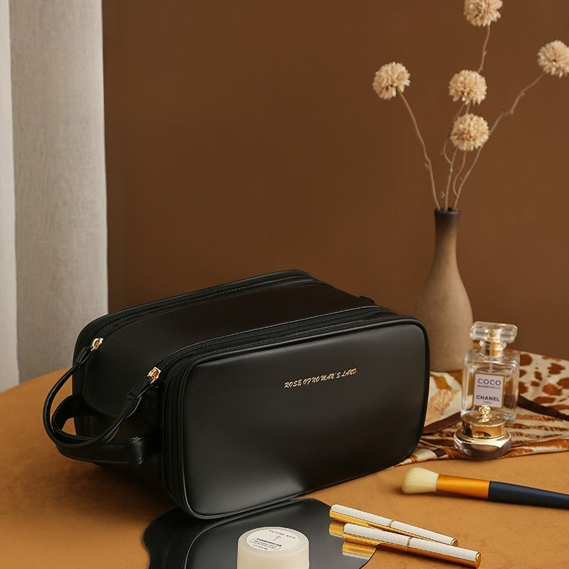 Three-Layer Double-Zipper U-Shaped Cosmetic Bag - High-Capacity PU Leather Makeup Organizer