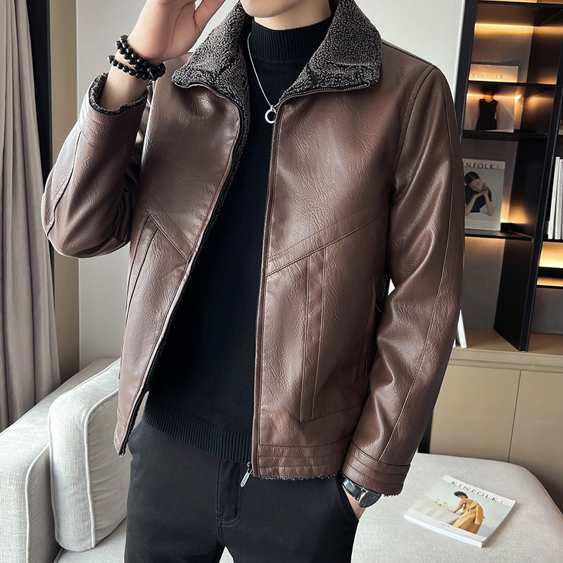 Hong Kong Style Velvet Padded Plus-Size Men’s Leather Jacket - Warm & Stylish Winter Coat